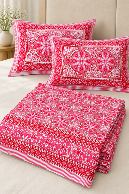 Queen Size Flat Bedsheet with Matching Pillowcases – Red & Pink Floral Medallion Print