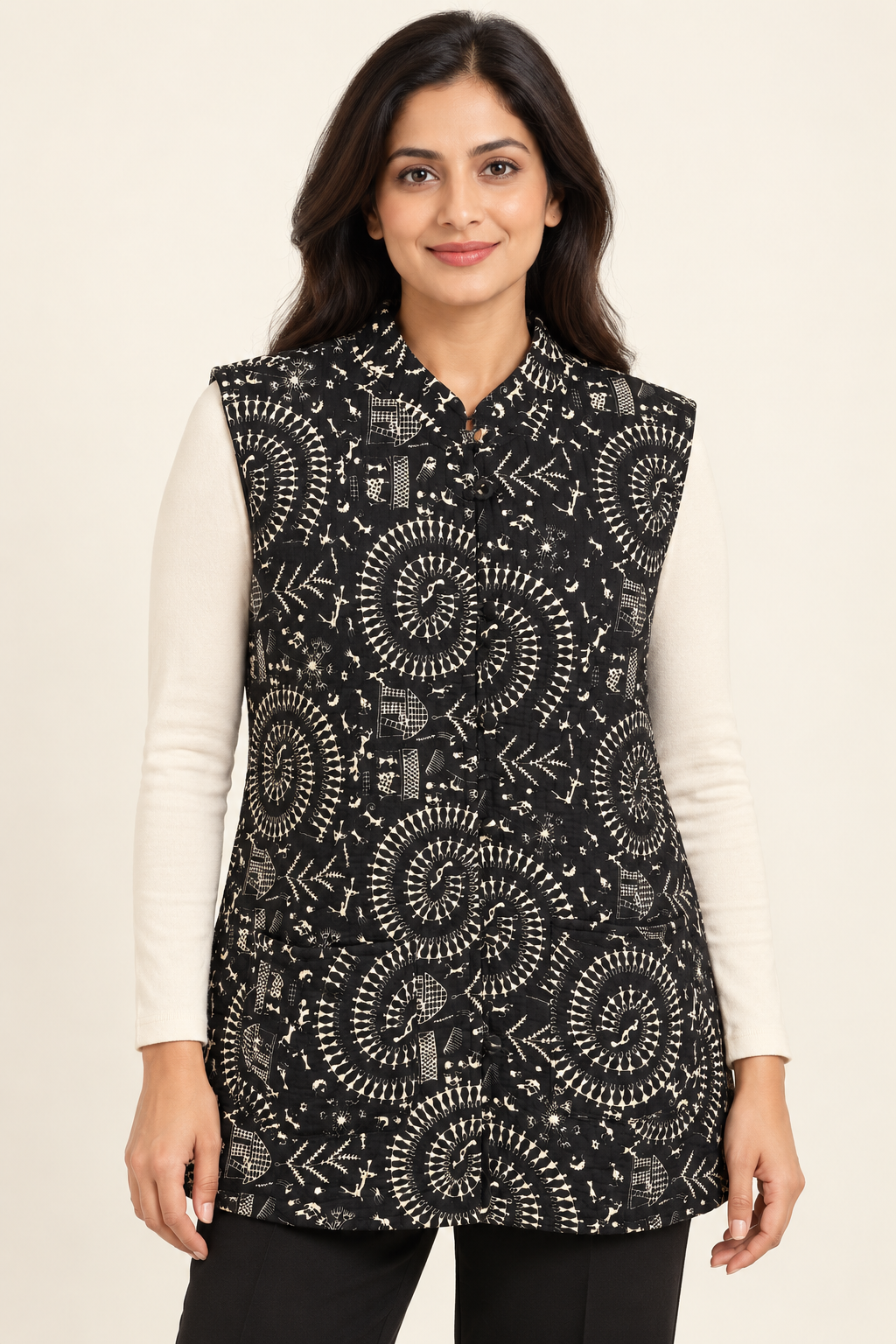 Women’s Reversible Quilted Sleeveless Jacket – Charcoal & Folk Print