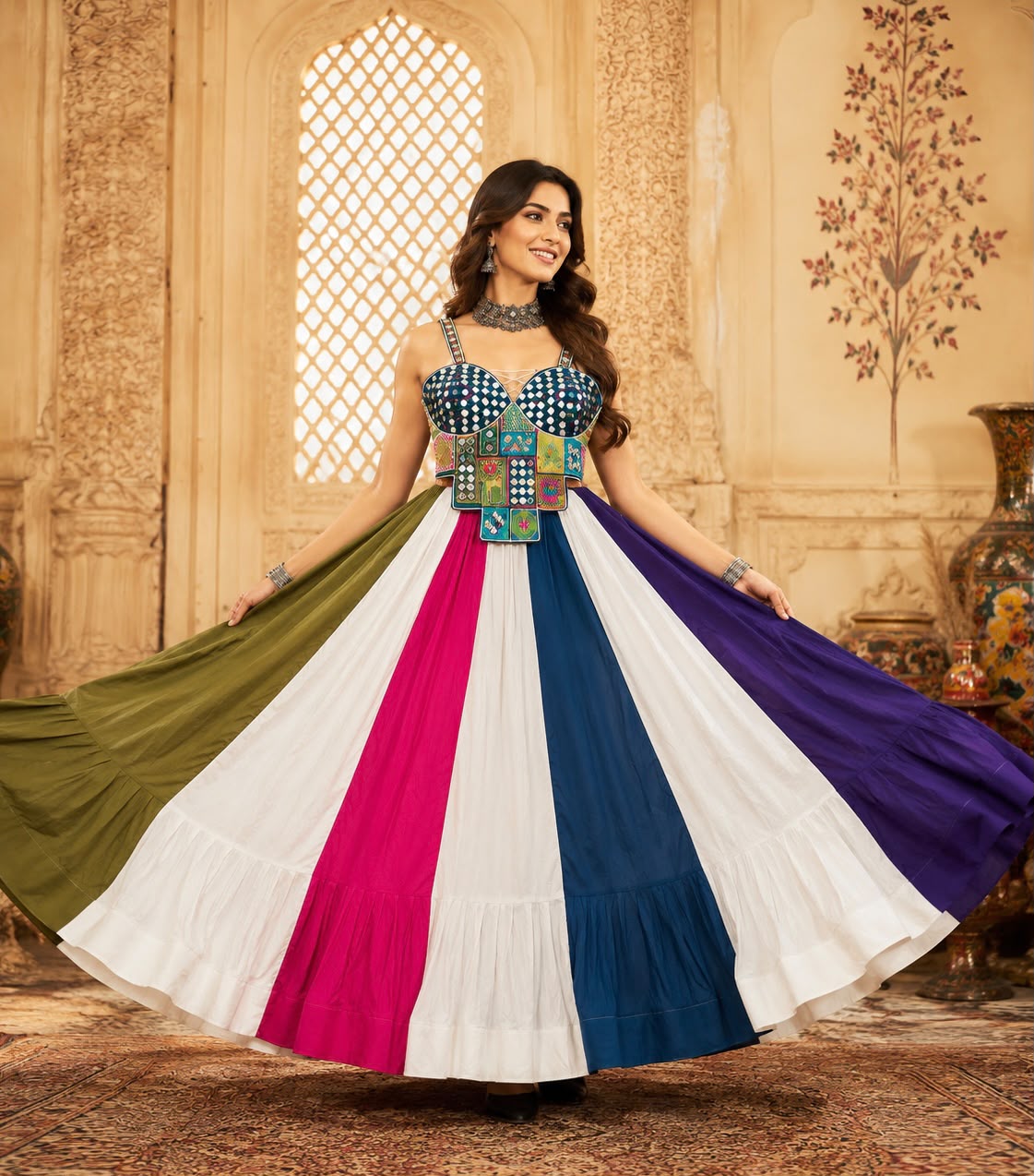 Blue Mirror Work Blouse with Multicolor Lehenga | Navratri & Garba Outfit