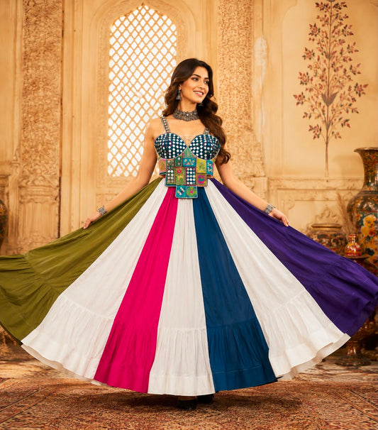 Blue Mirror Work Blouse with Multicolor Lehenga | Navratri & Garba Outfit