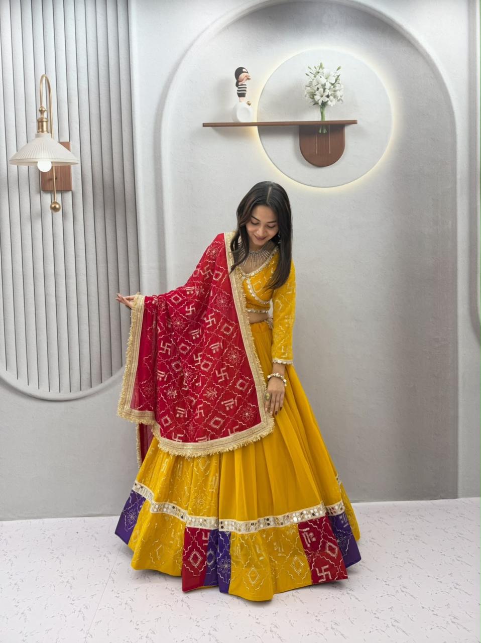 Yellow Lehenga Choli with Red Dupatta | Festive Chaniya Choli Set