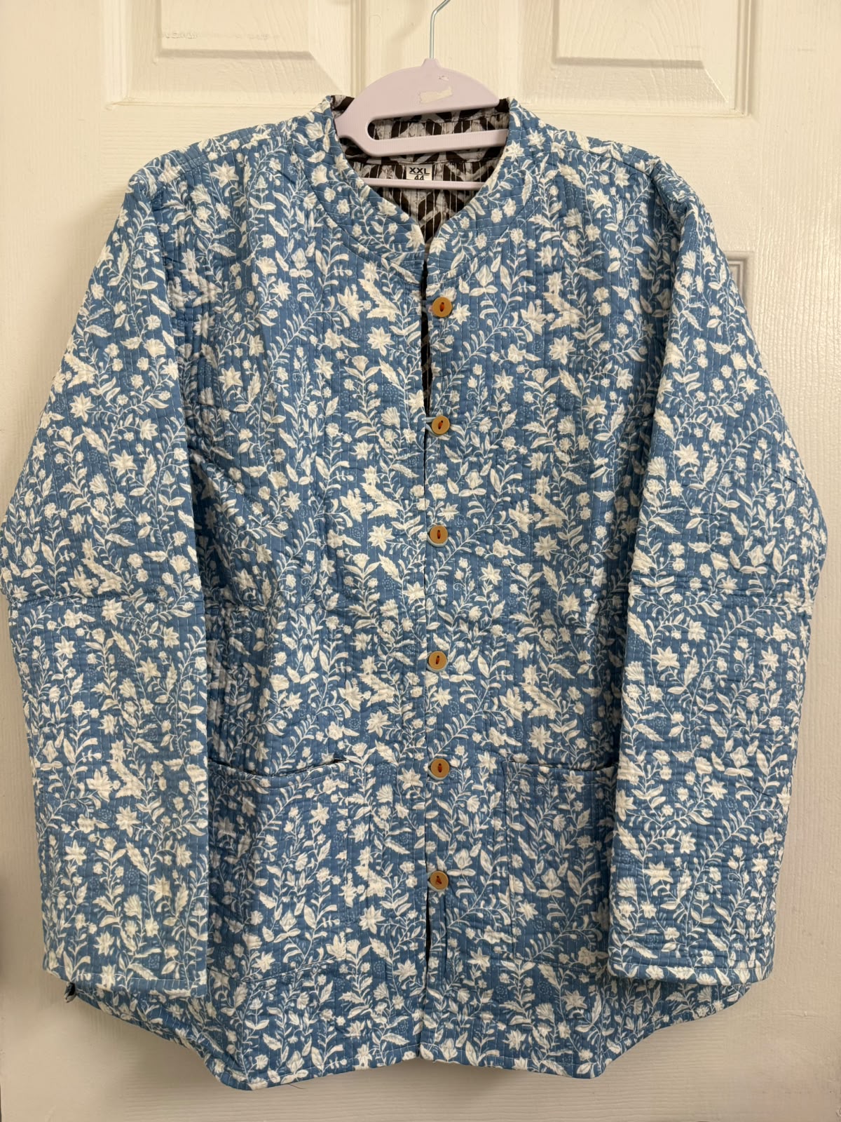 Women’s Reversible Full-Sleeve Quilted Jacket – Blue Floral & Brown Leaf Print