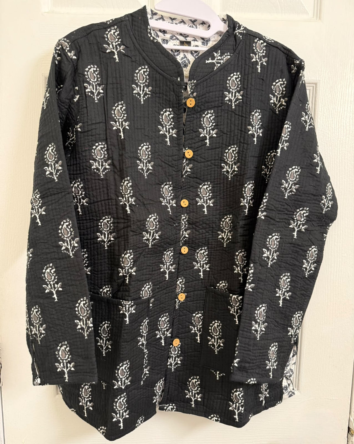 Women’s Reversible Full-Sleeve Quilted Jacket – Black & Ivory Floral