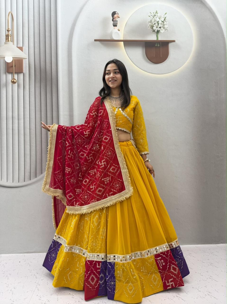 Yellow Lehenga Choli with Red Dupatta | Festive Chaniya Choli Set