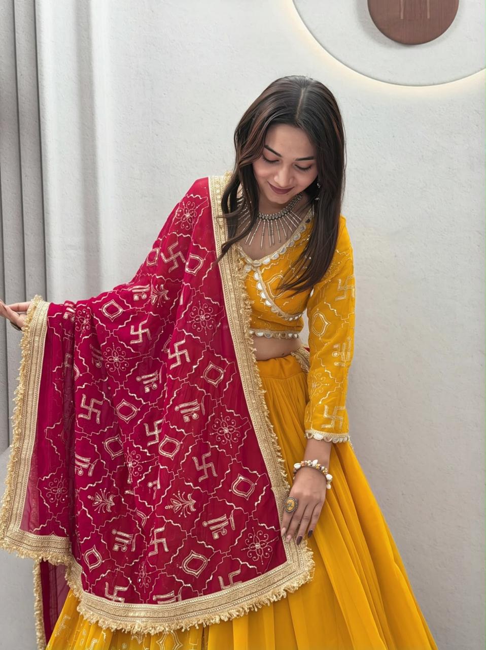 Yellow Lehenga Choli with Red Dupatta | Festive Chaniya Choli Set