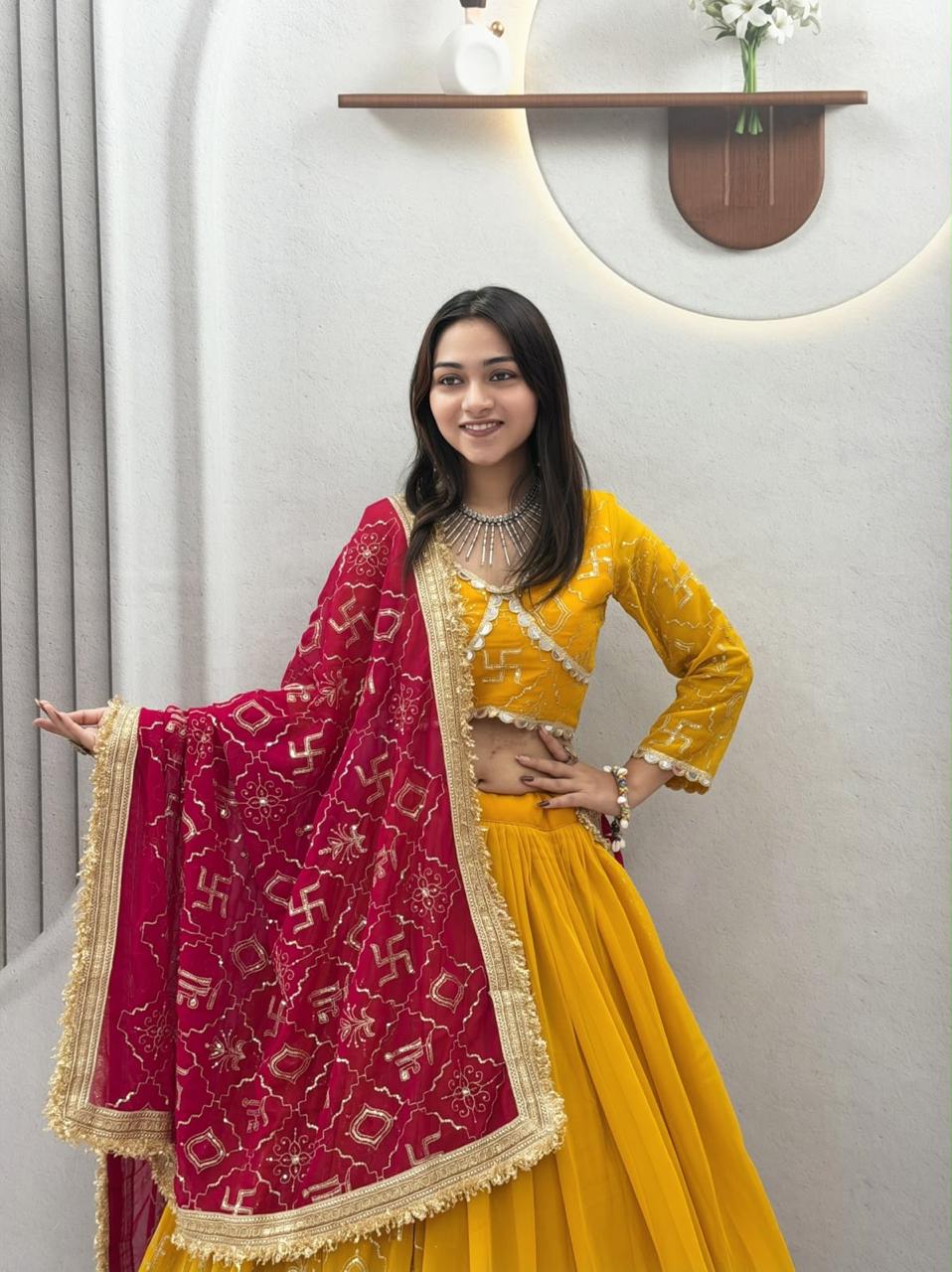 Yellow Lehenga Choli with Red Dupatta | Festive Chaniya Choli Set