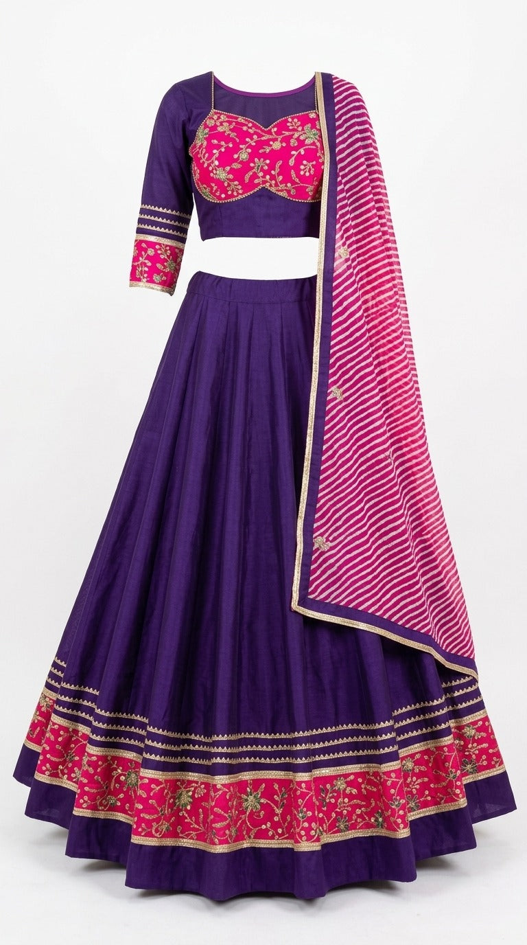 Purple and pink chaniya choli product outfit display