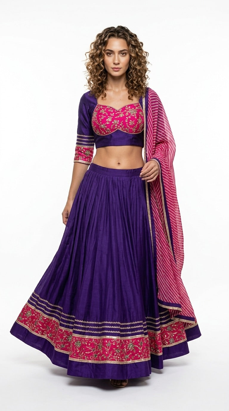 Purple and pink chaniya choli twirl pose
