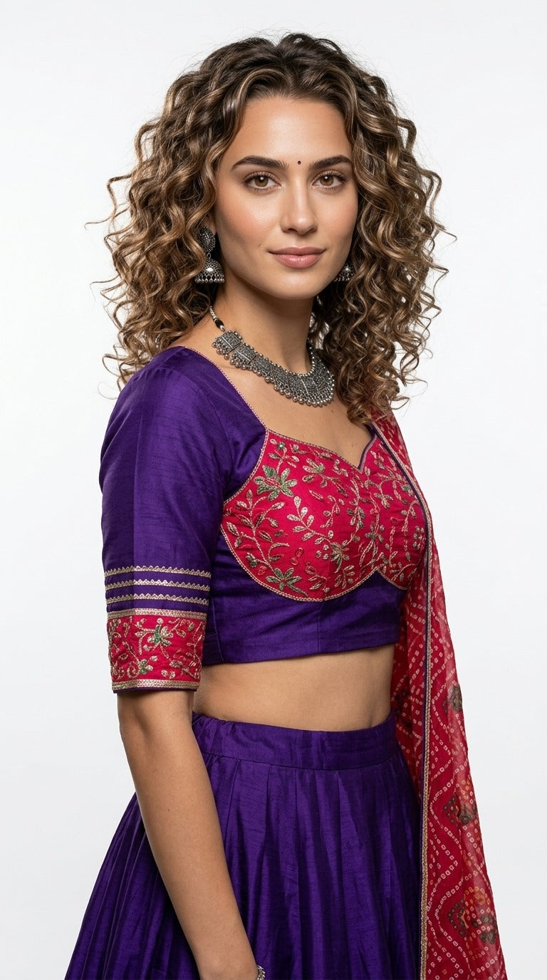 Purple and pink embroidered choli close view