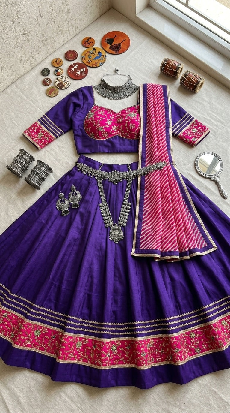Purple and pink chaniya choli outfit flat lay