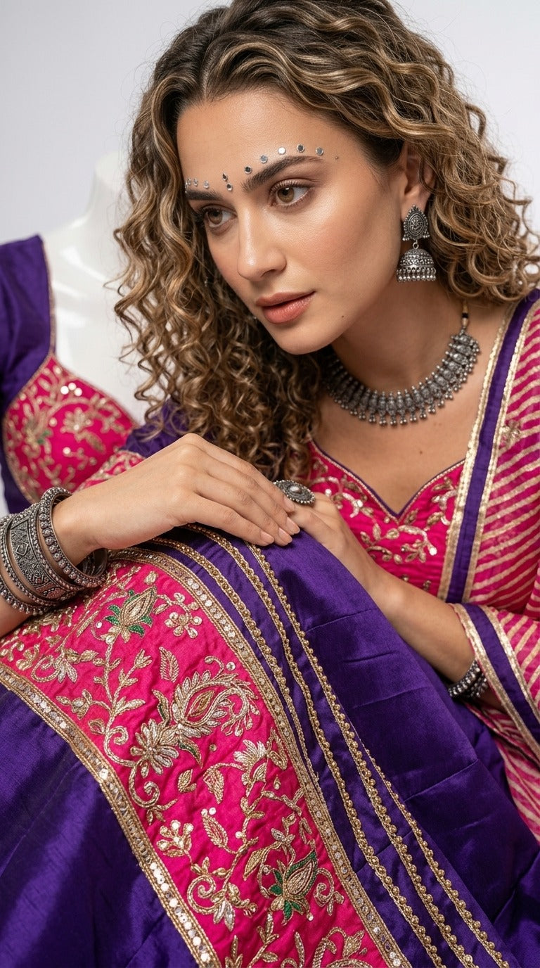 Purple and pink choli and lehenga border detail