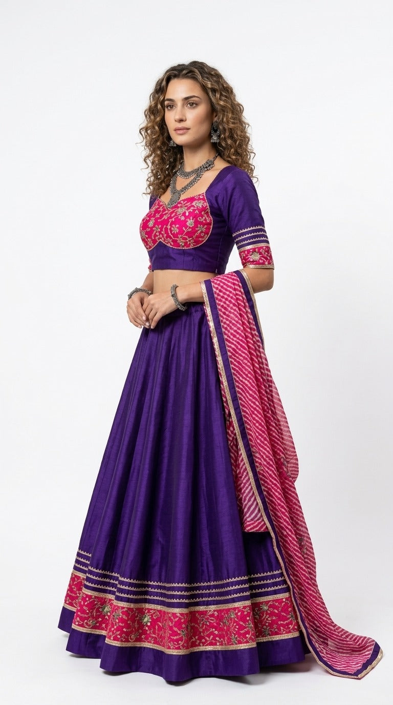 Purple and pink chaniya choli angled full length view