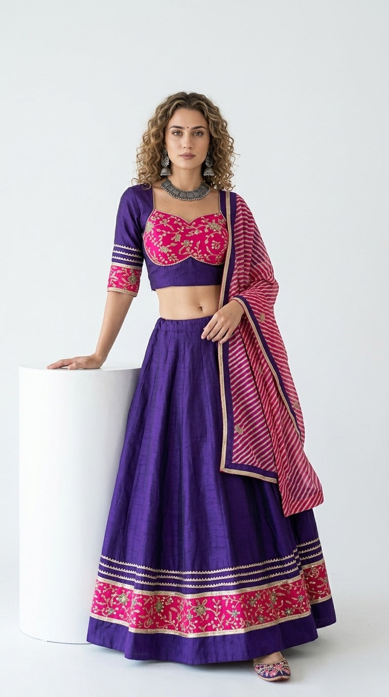 Purple and pink chaniya choli front view on model
