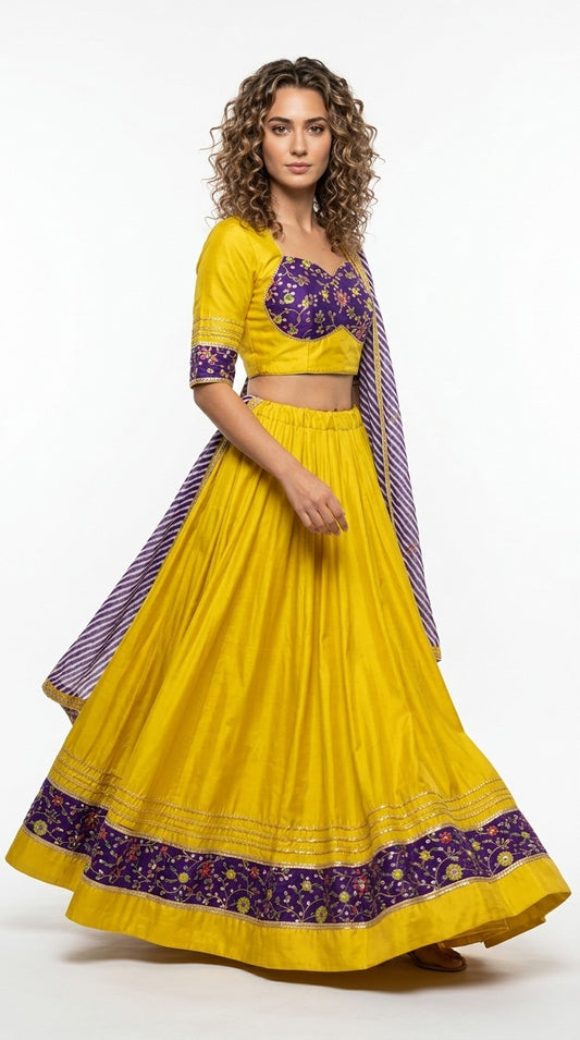 Yellow and purple lehenga choli full length model view