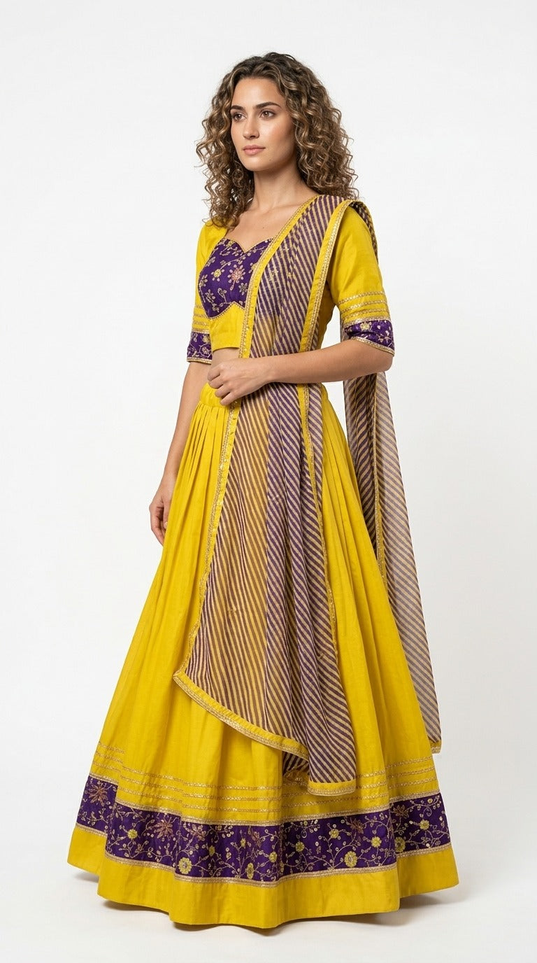 Yellow and purple lehenga choli angled view on model