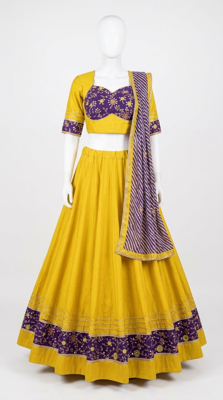 Yellow and purple lehenga choli outfit display