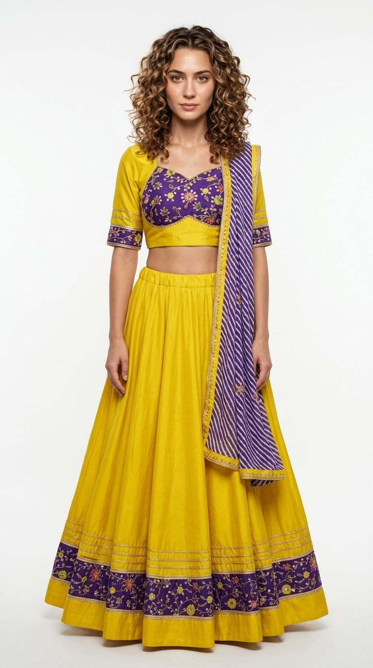 Yellow and purple lehenga choli front view on model