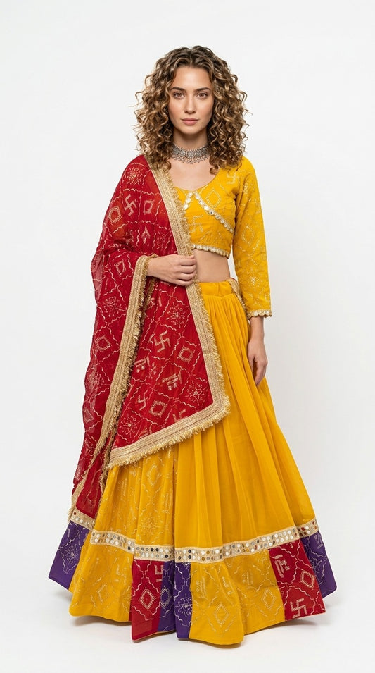 Yellow Lehenga Choli with Red Dupatta | Festive Chaniya Choli Set