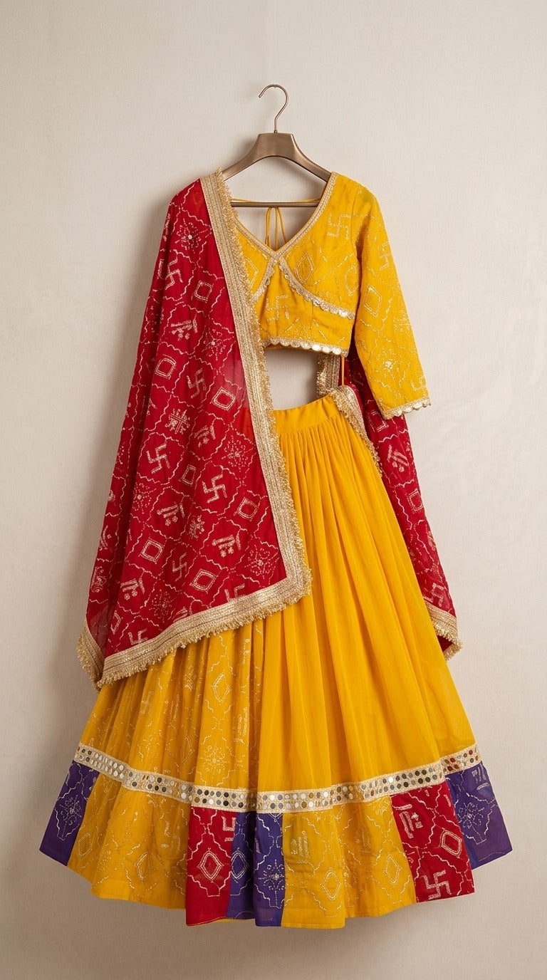 Yellow Lehenga Choli with Red Dupatta | Festive Chaniya Choli Set