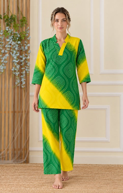Green & Yellow Bandhani Print Cotton Co-ord Set for Women | 2-Piece Outfit