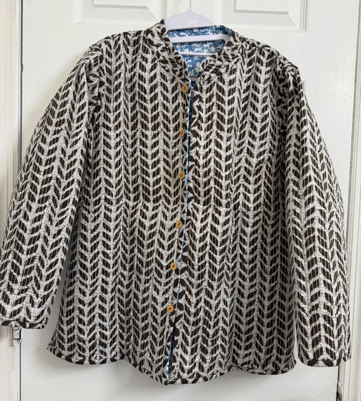 Women’s Reversible Full-Sleeve Quilted Jacket – Blue Floral & Brown Leaf Print