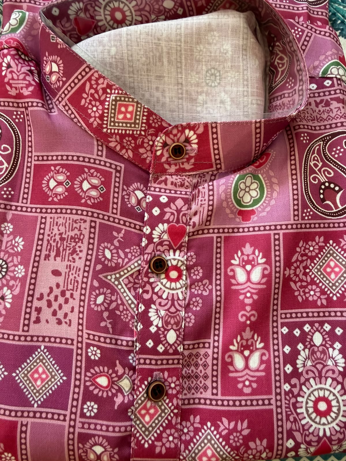 Men’s Rose Pink Patchwork Print Cotton Kurta with White Pajama