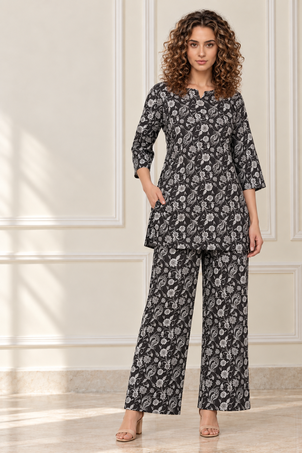 Black and white floral cotton co-ord set front view against a cream boutique background