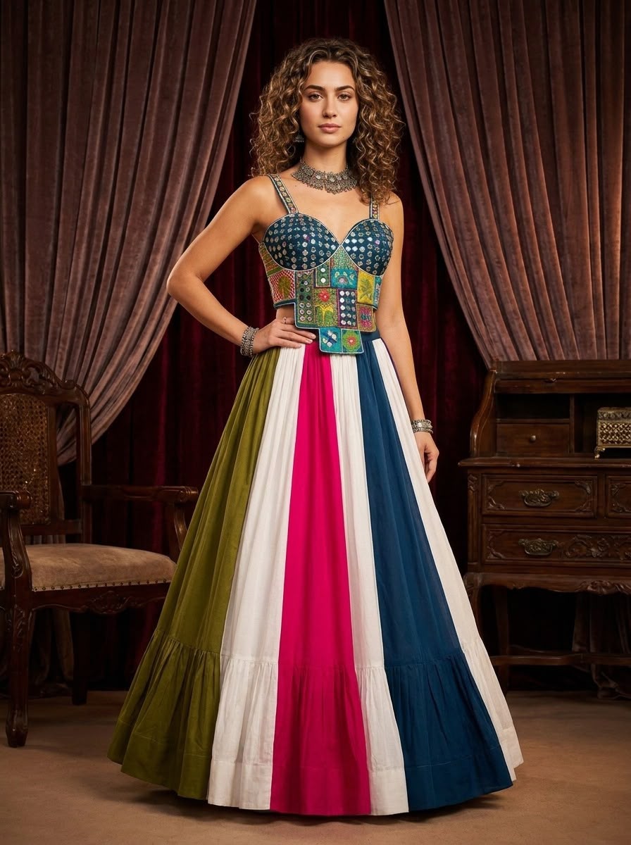 Blue mirror work blouse and multicolor lehenga, front view
