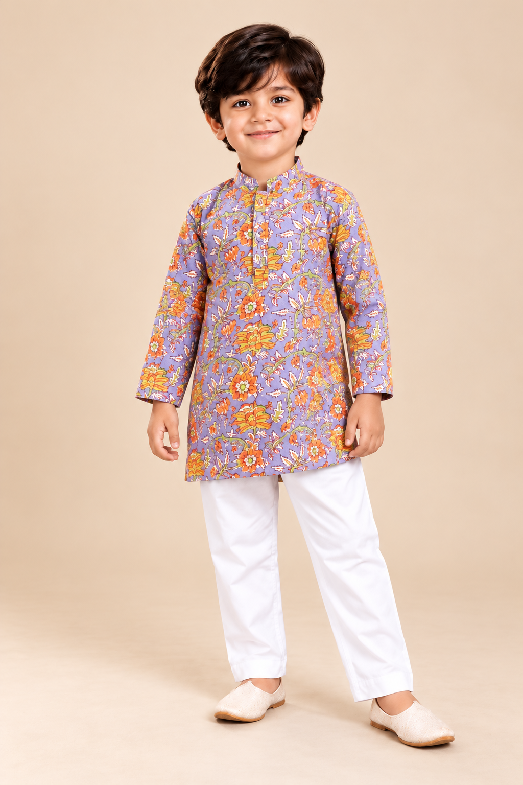Boys' Lavender Floral Print Cotton Kurta Pajama Set — alternate view