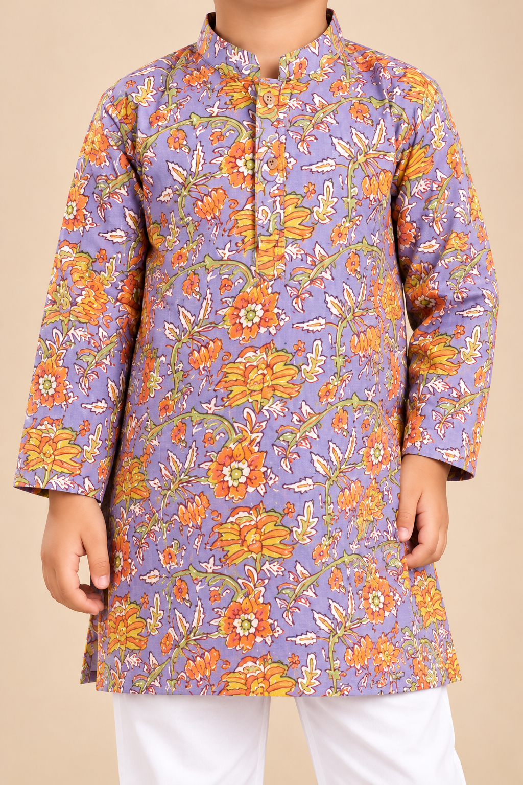 Boys' Lavender Floral Print Cotton Kurta Pajama Set — detail view