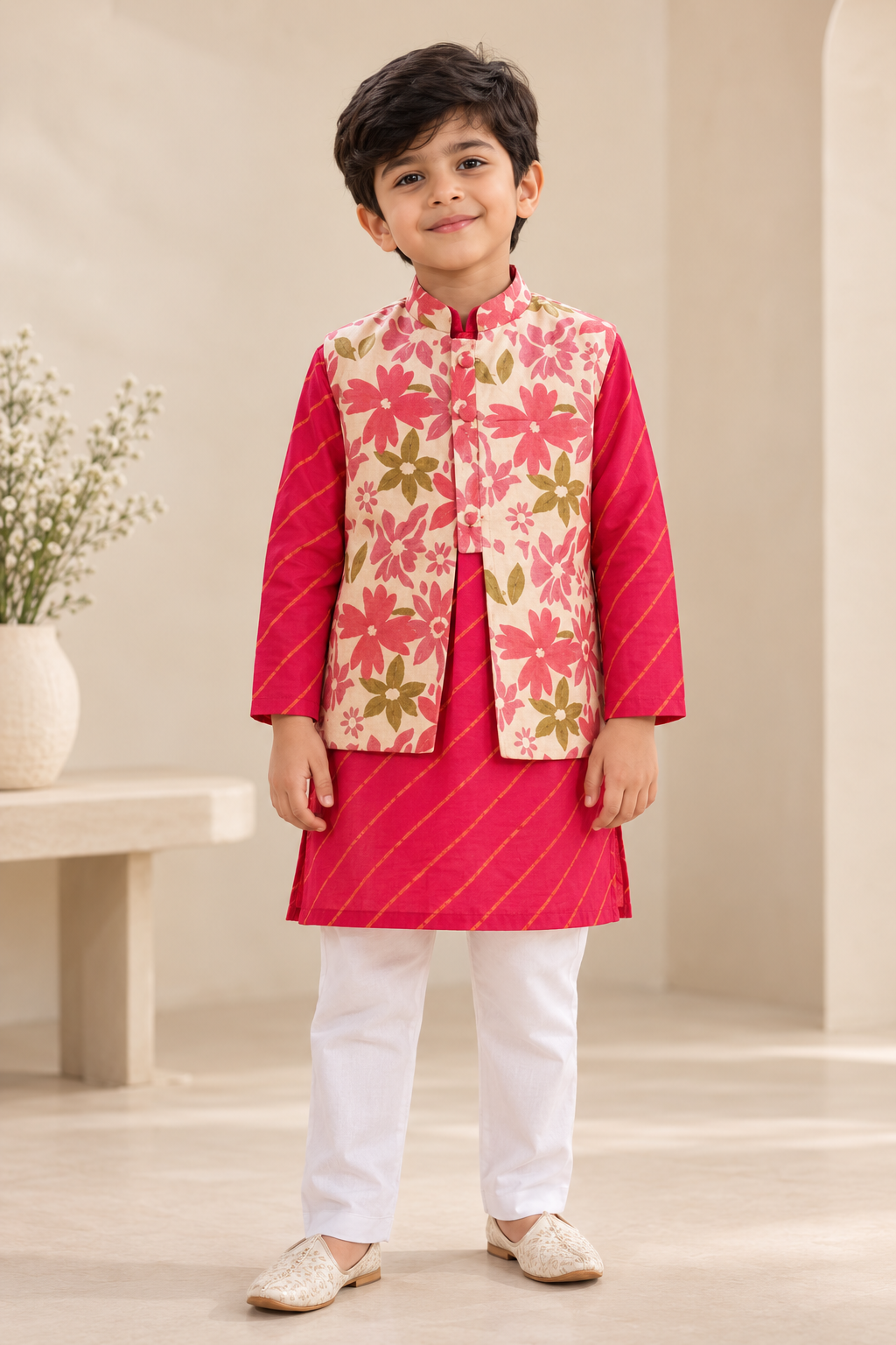 Boy wearing a pink cotton kurta with attached cream floral jacket and white pajama