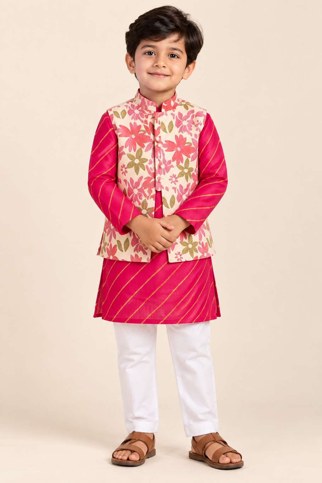 Boy wearing a pink cotton kurta with attached cream floral jacket and white pajama