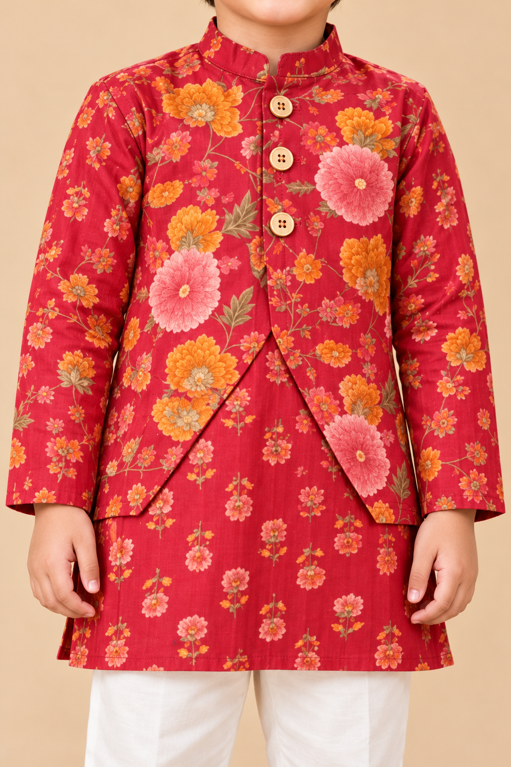 Boys' red floral festive kurta pajama set with attached jacket — detail view