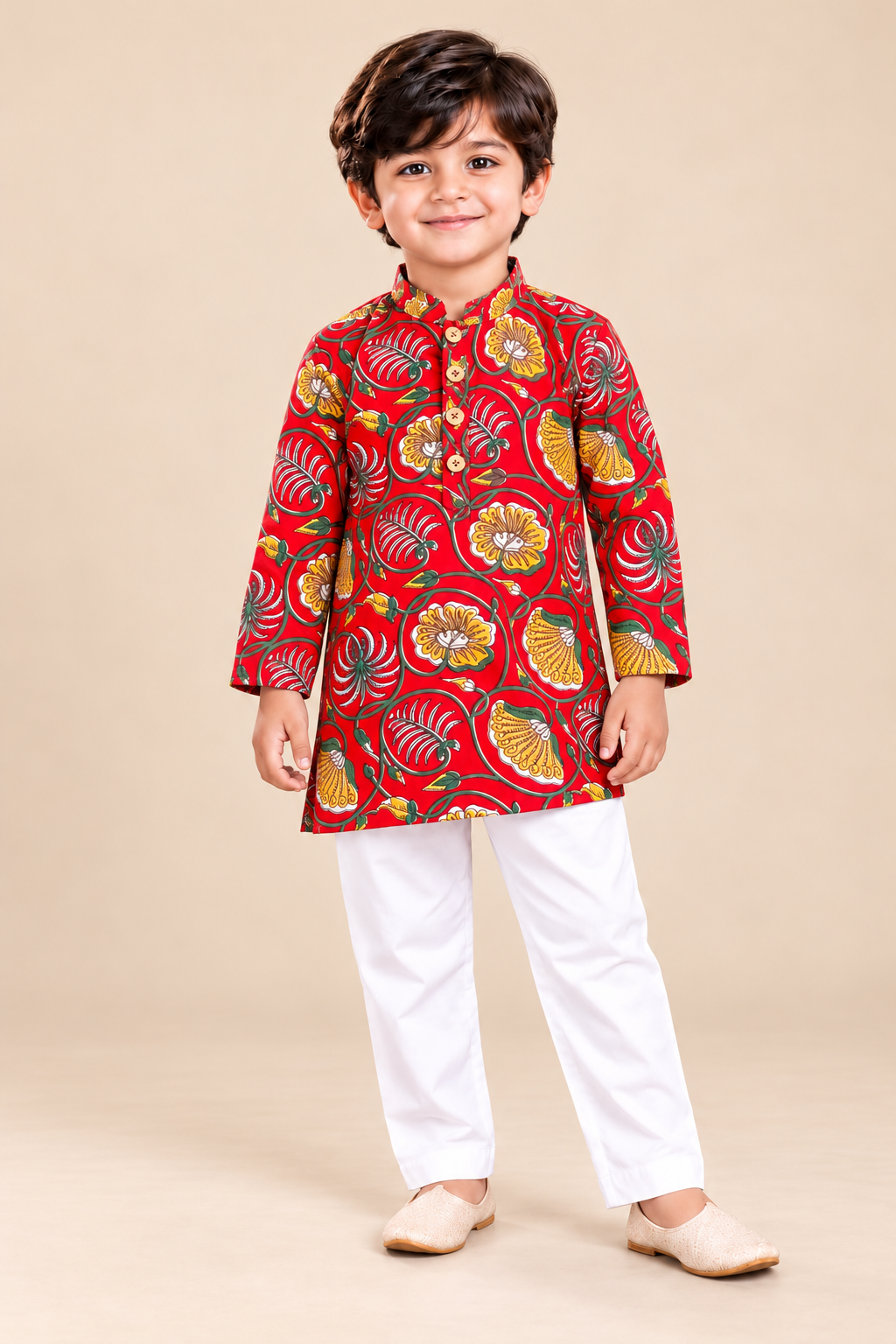 Boys' Red Floral Print Cotton Kurta Pajama Set — alternate view