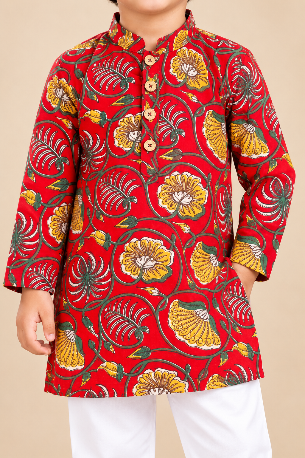 Boys' Red Floral Print Cotton Kurta Pajama Set — detail view