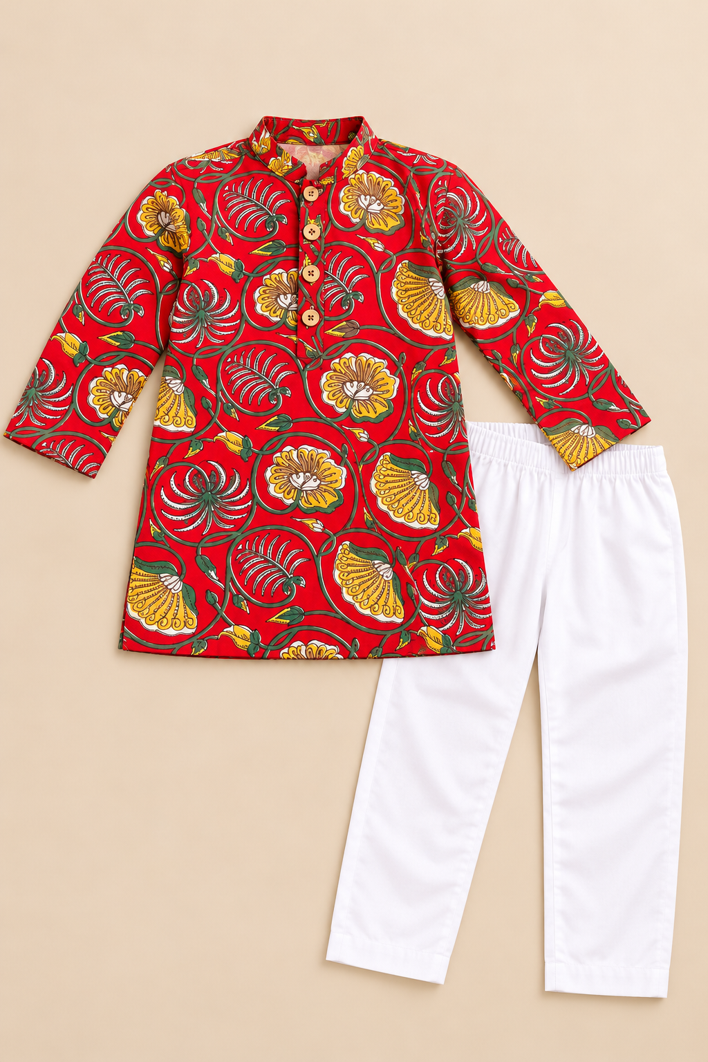 Boys' Red Floral Print Cotton Kurta Pajama Set — flat-lay view