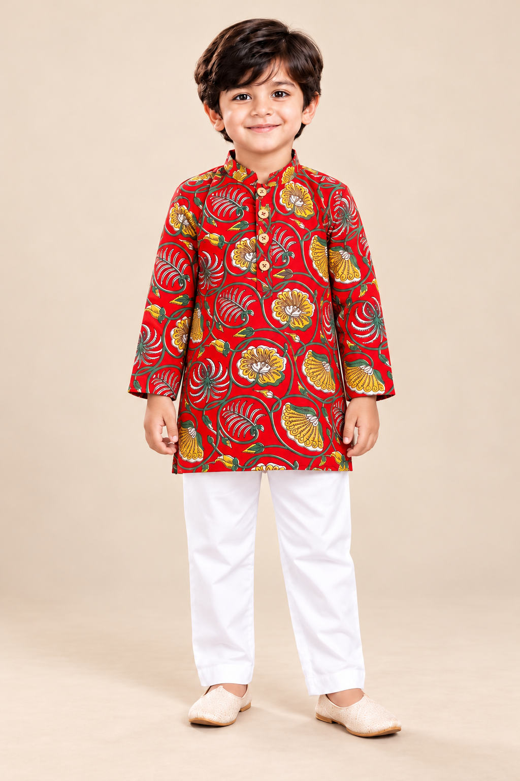 Boys' Red Floral Print Cotton Kurta Pajama Set — front view
