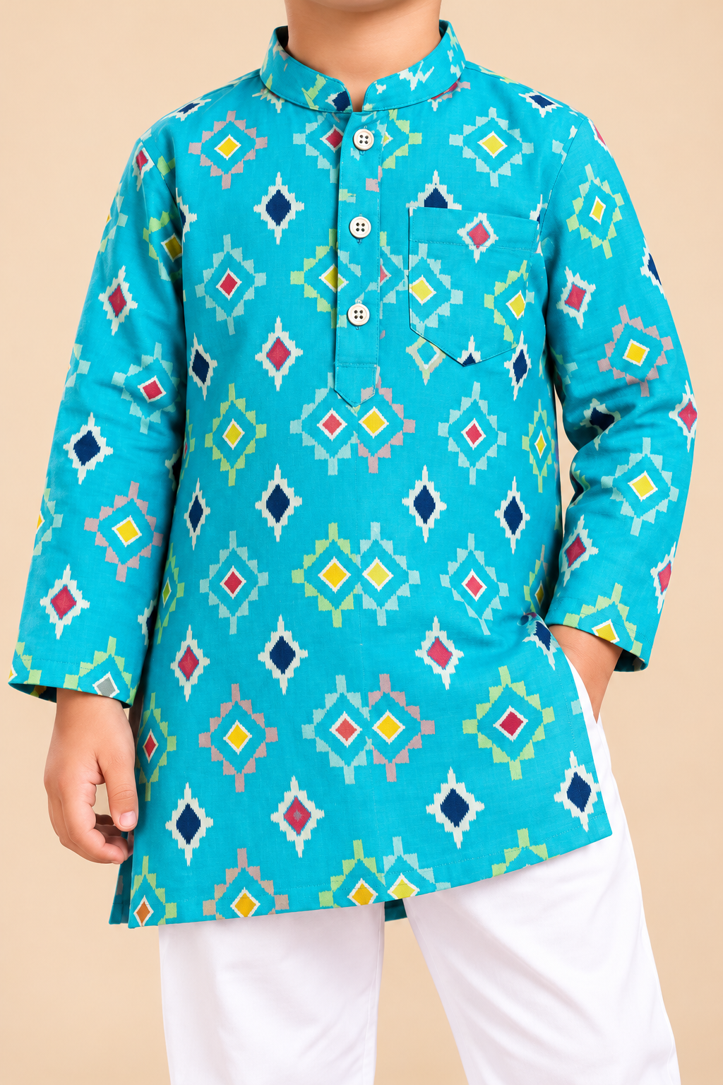 Boys' Turquoise Geometric Print Cotton Kurta Pajama Set — detail view