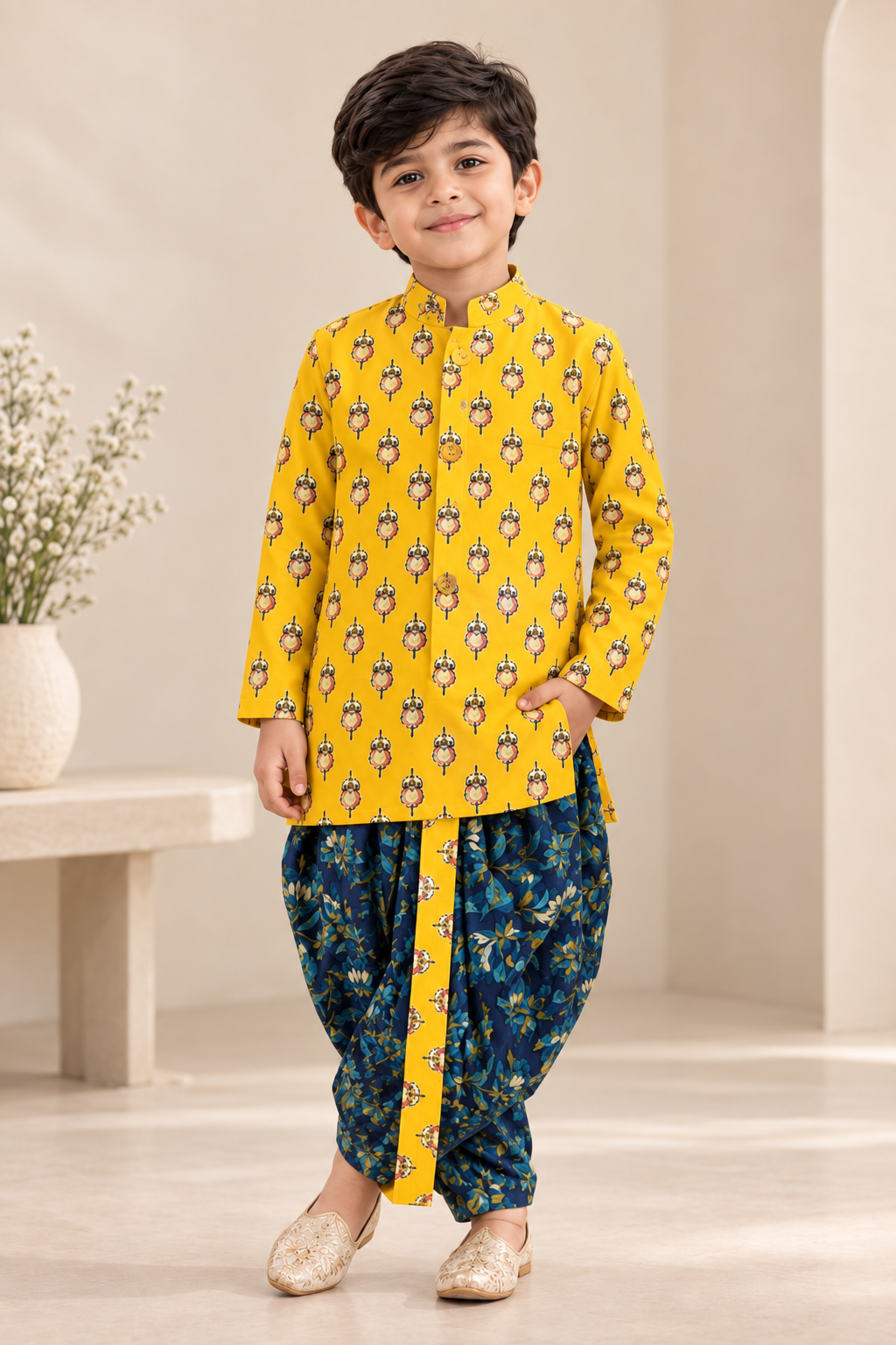Boys’ yellow printed cotton kurta with navy blue floral dhoti