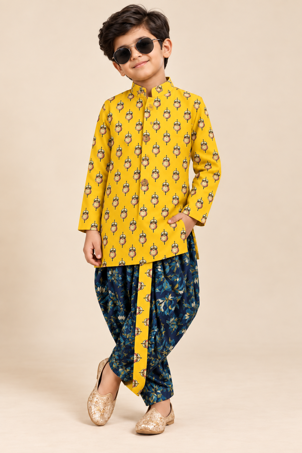 Boys’ yellow printed cotton kurta with navy blue floral dhoti