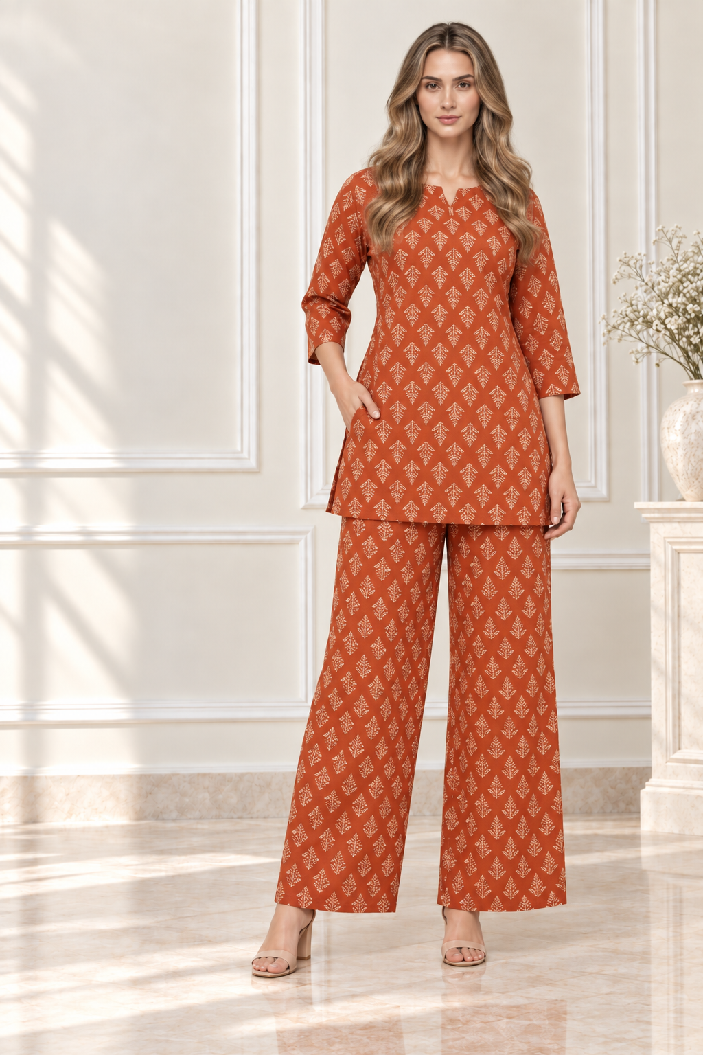 Brick red leaf print co-ord set front view against cream boutique background