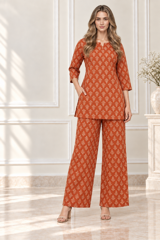 Brick red leaf print co-ord set front view against cream boutique background