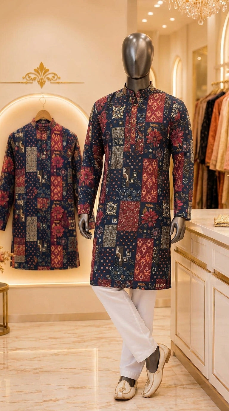 Men’s Navy & Maroon Patchwork Print Cotton Kurta Pajama Set