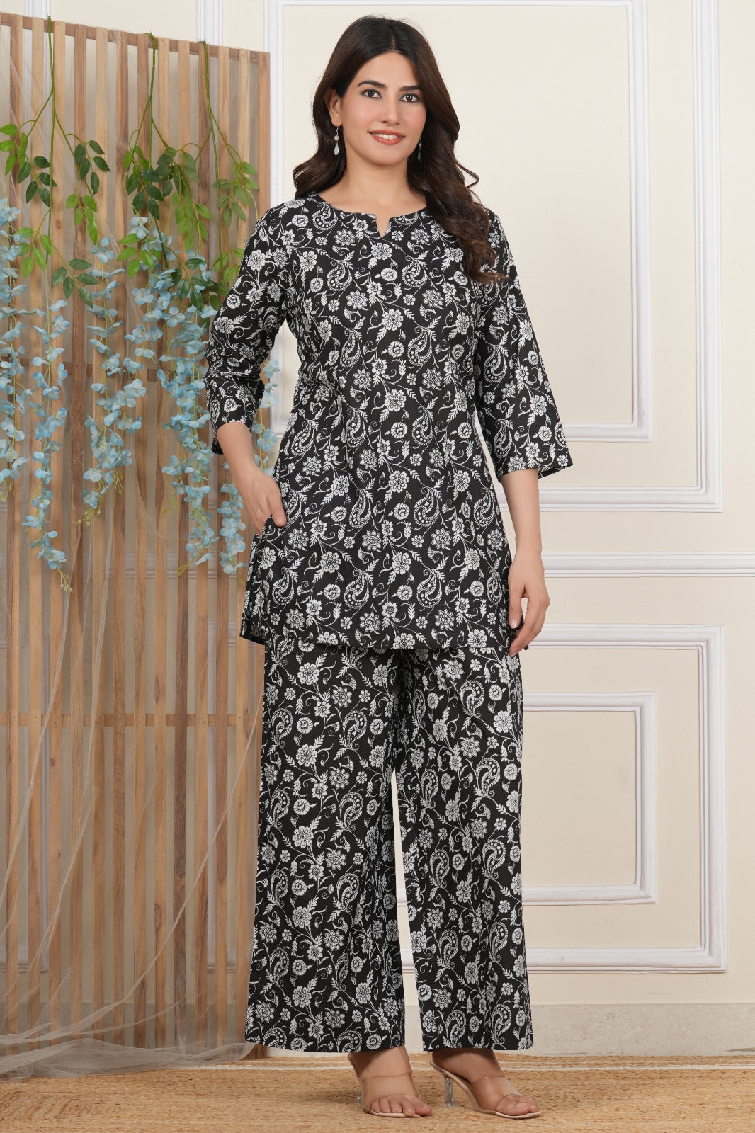 Black and white floral cotton co-ord set front view