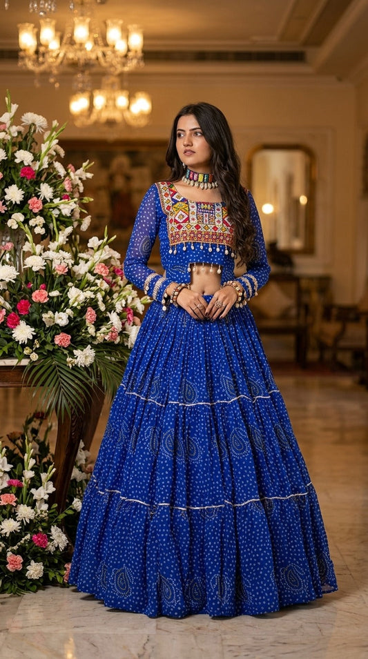 Blue Bandhani Chaniya Choli Set, front view on model
