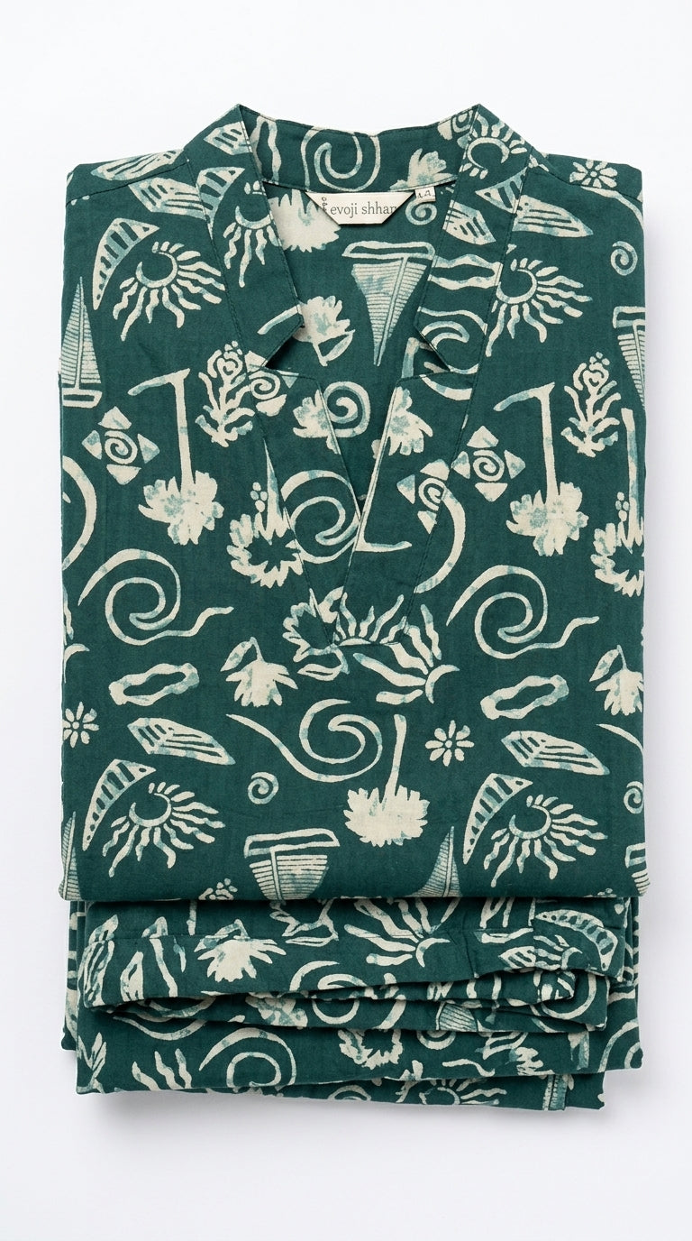 Forest green and cream printed cotton co-ord set – folded outfit