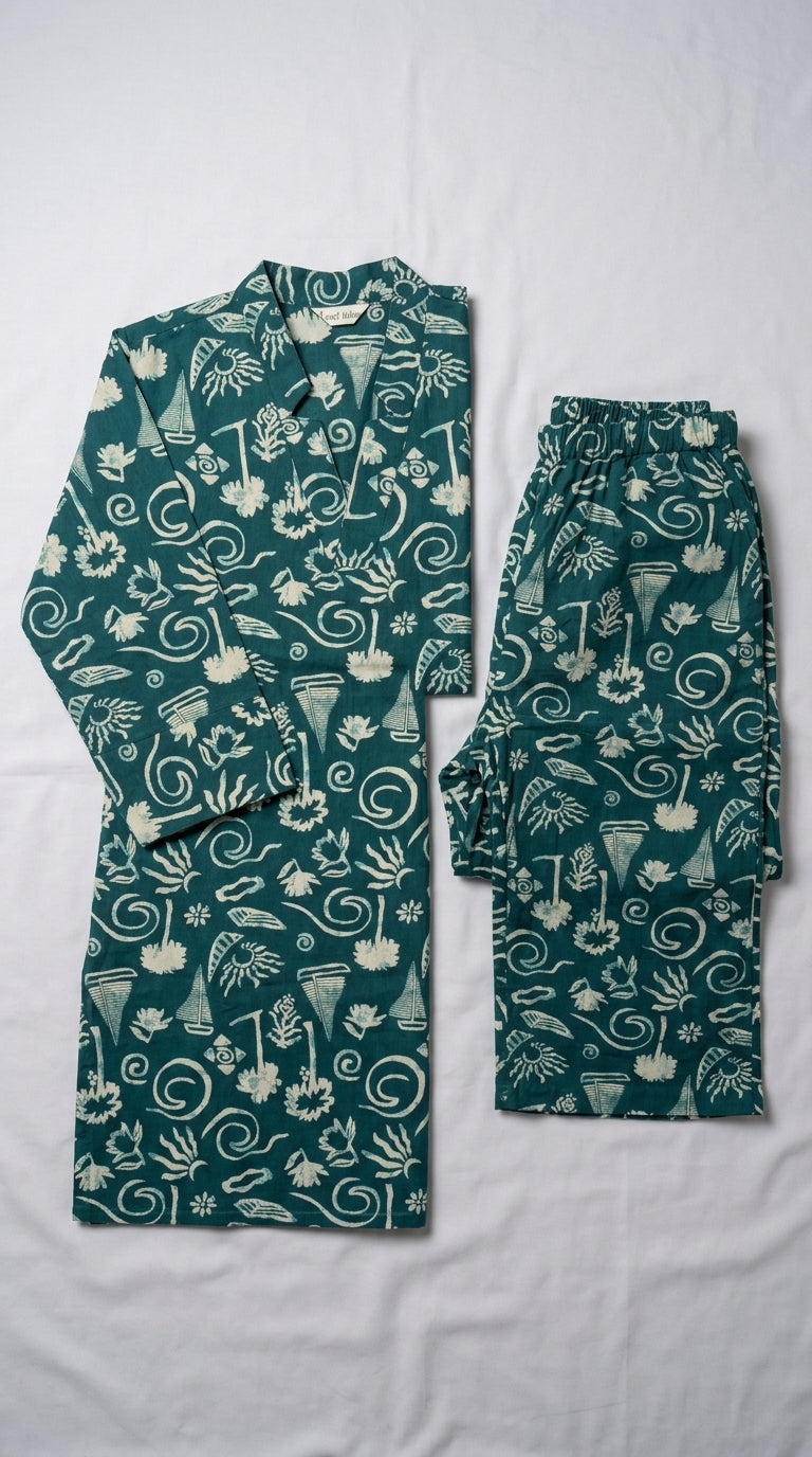 Forest green and cream printed cotton co-ord set – flat lay