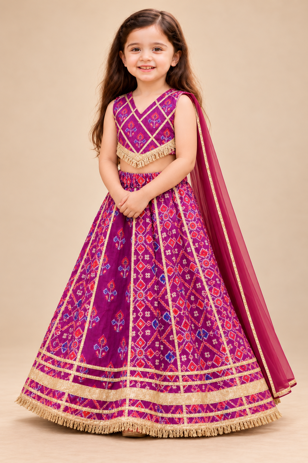 Girls' magenta cotton lehenga choli with net dupatta — alternate view