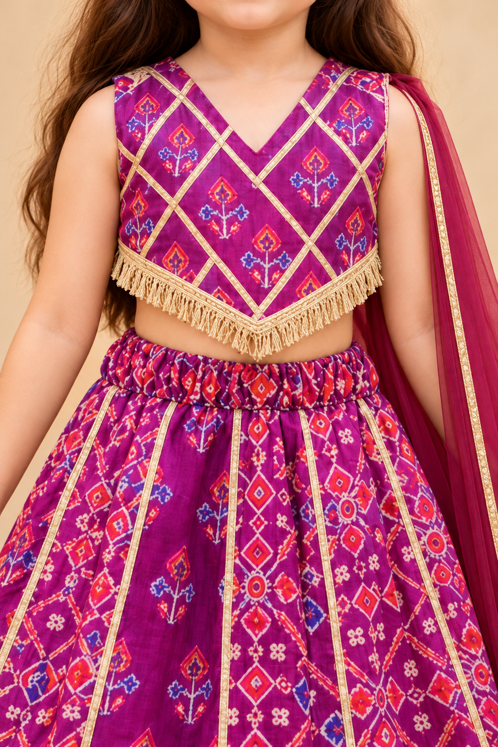 Girls' magenta cotton lehenga choli with net dupatta — garment detail