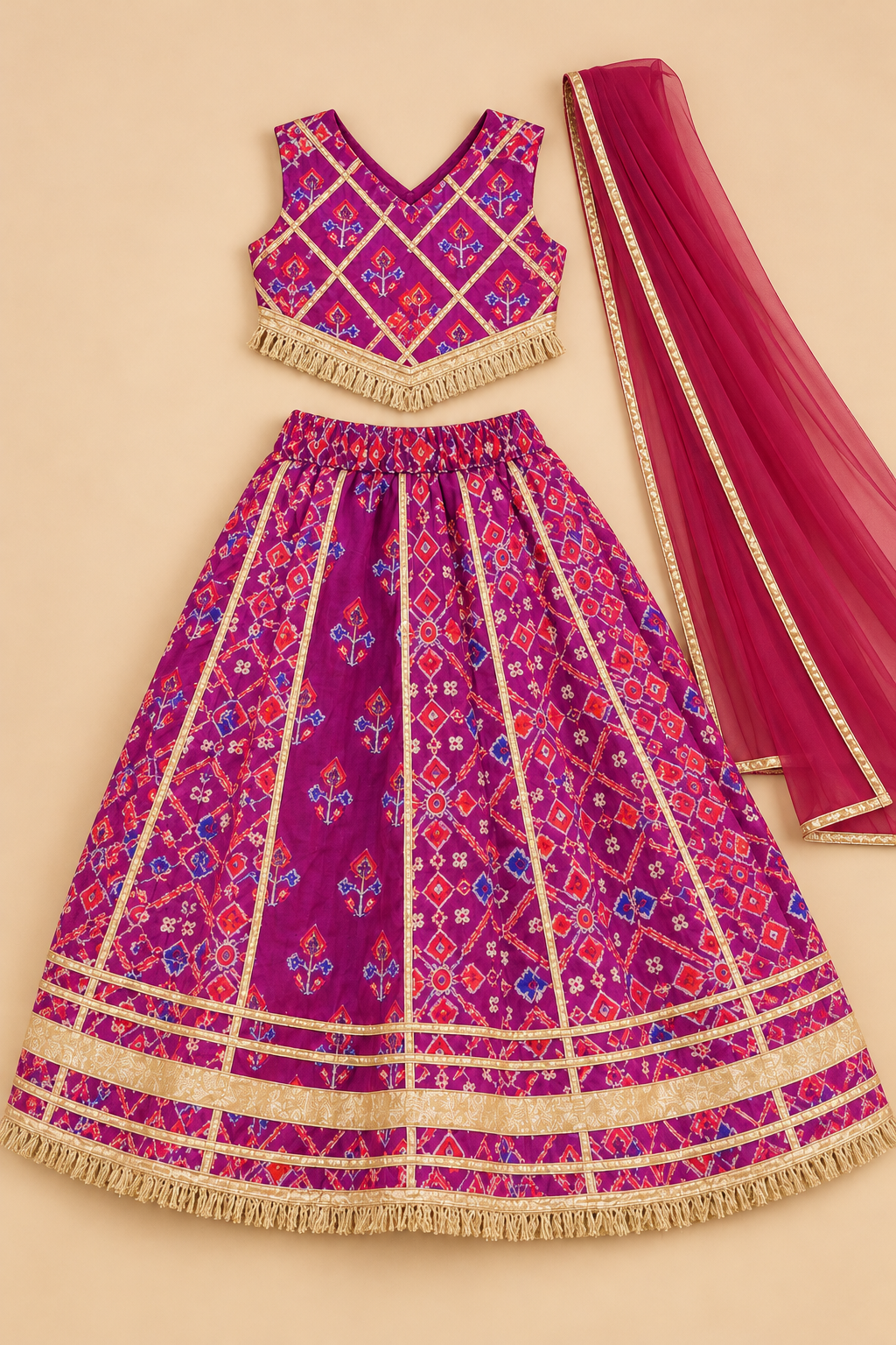 Girls' magenta cotton lehenga choli with net dupatta — three-piece flat lay